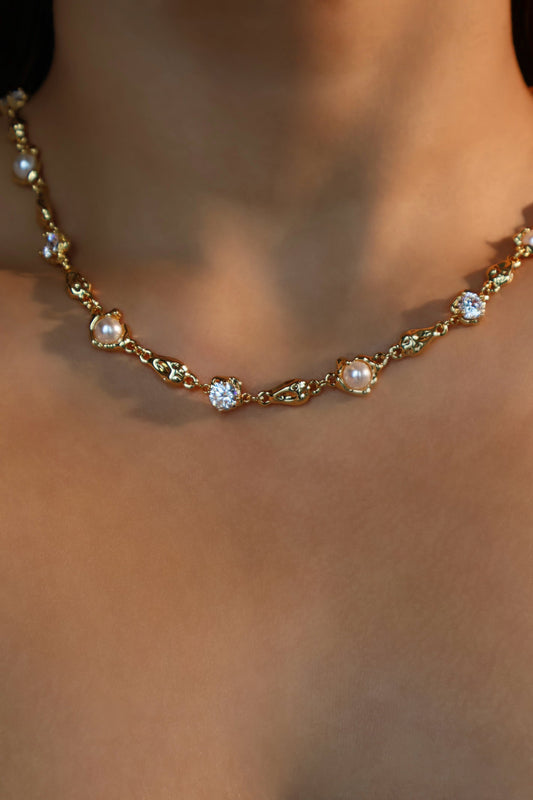 18K Real Gold Plated Multi Diamond Pearl Necklace