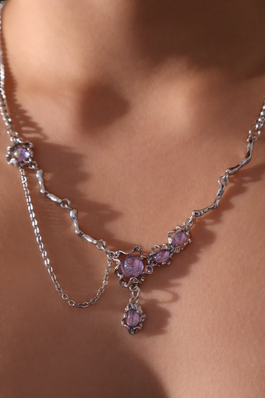Platinum Plated Purple Glitter Gem Dangle Necklace