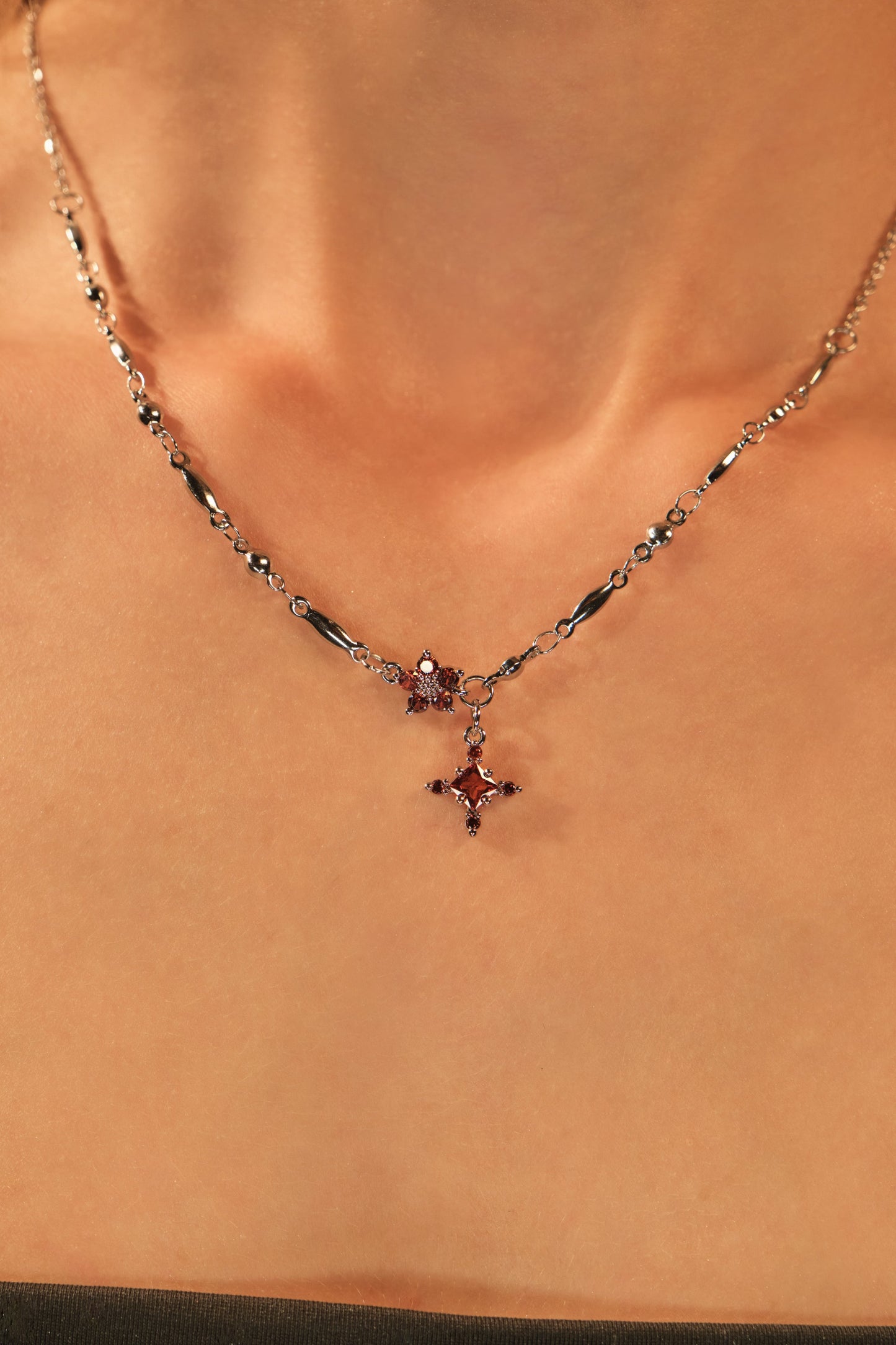 Platinum Plated Garnet Diamond Cross Necklace