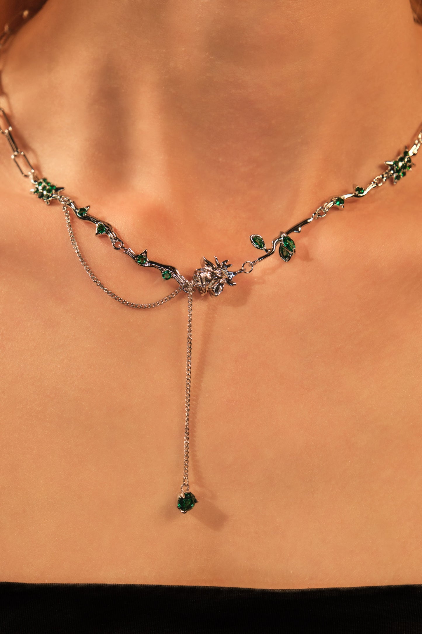 Platinum Plated Green Gem Rose Necklace