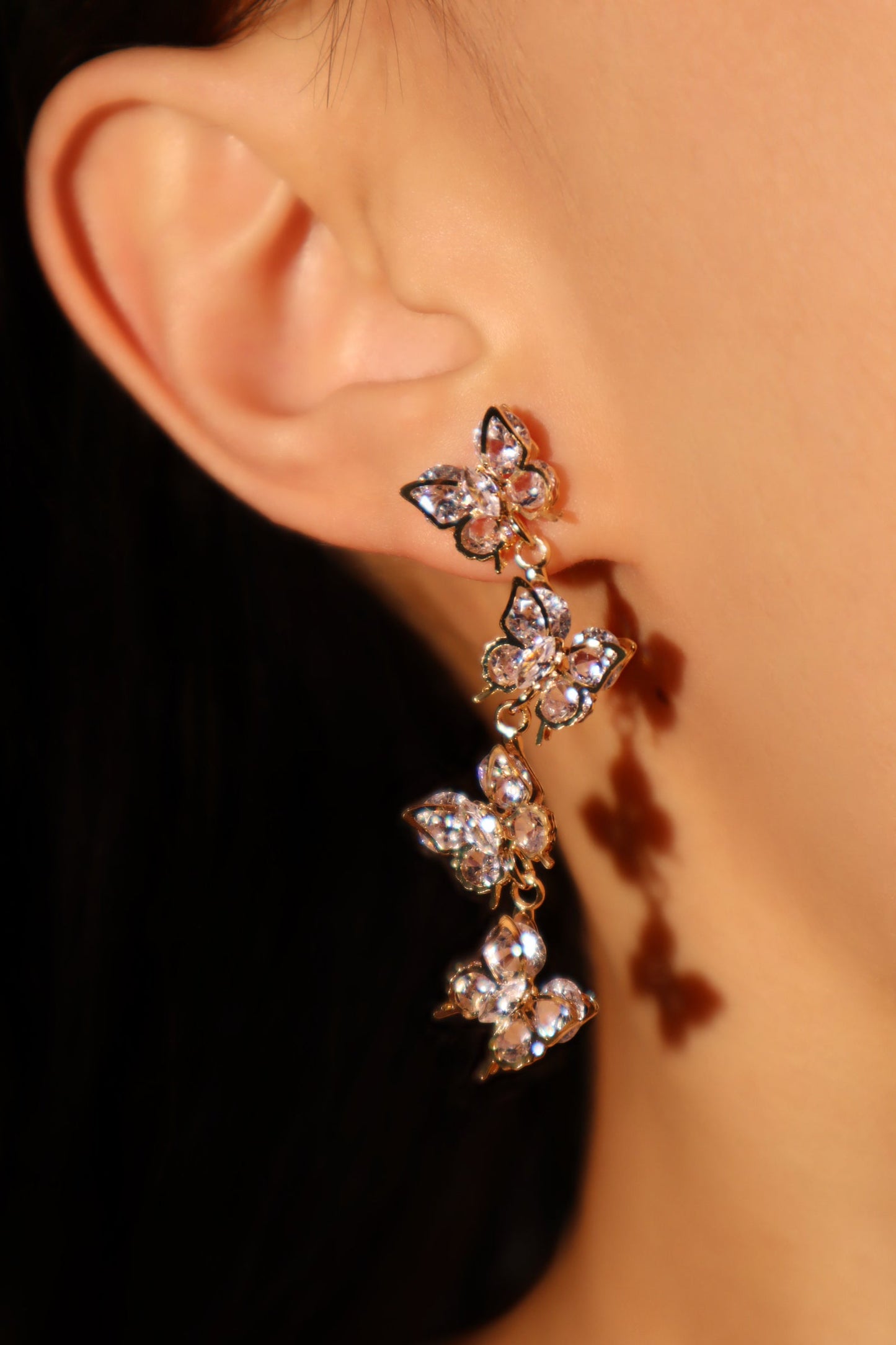 14K Real Gold Plated Diamond Butterfly Dangle Earrings