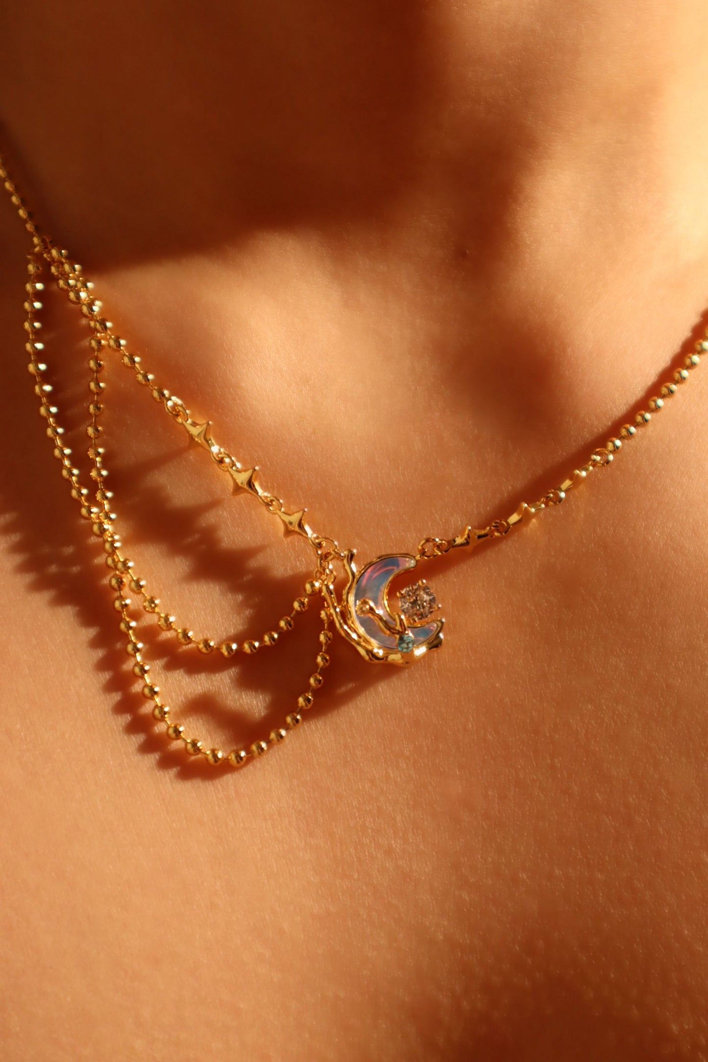 18K Real Gold Plated Diamond Moonstone Moon Necklace