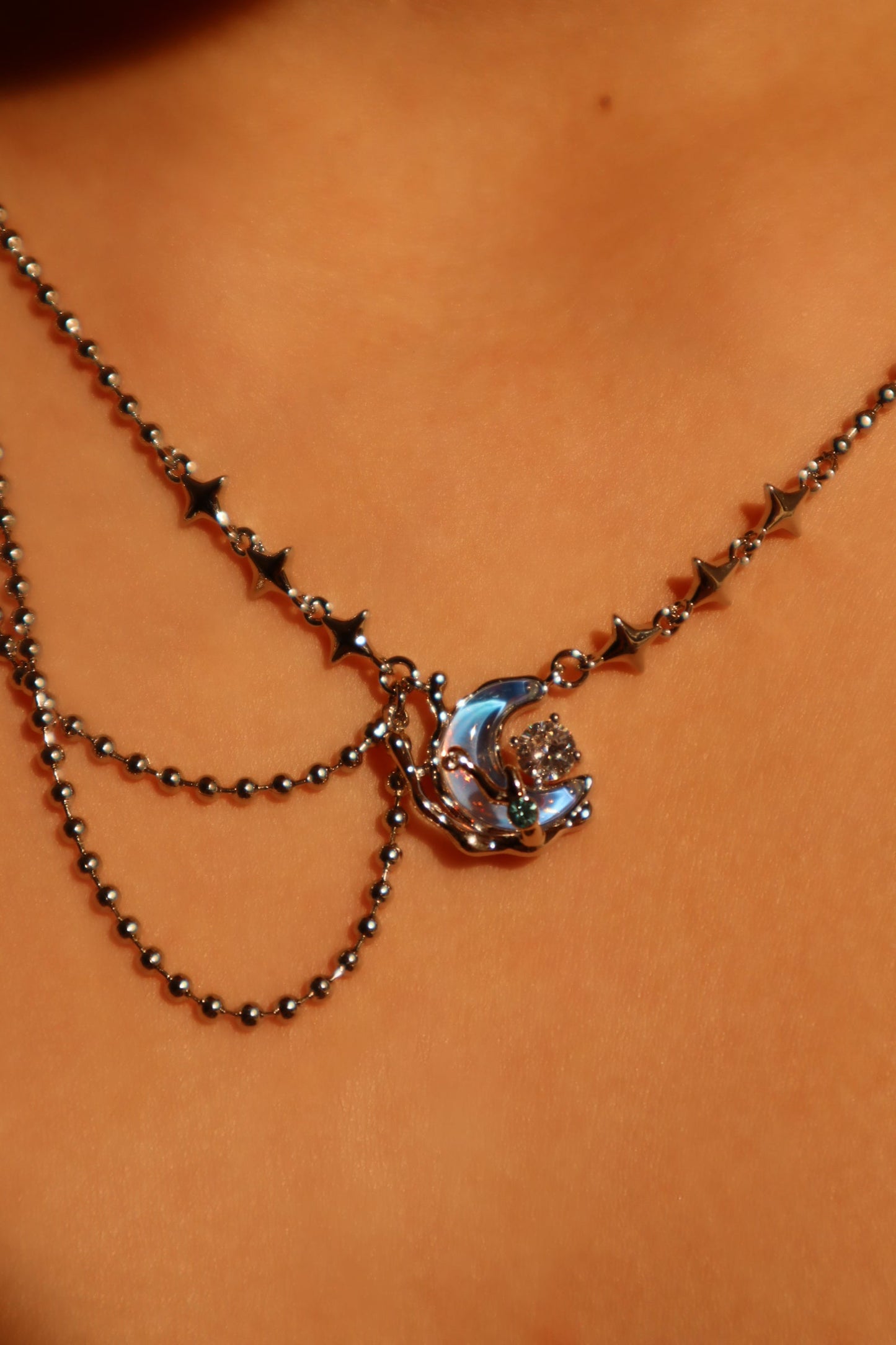 Platinum Plated Diamond Moonstone Moon Necklace