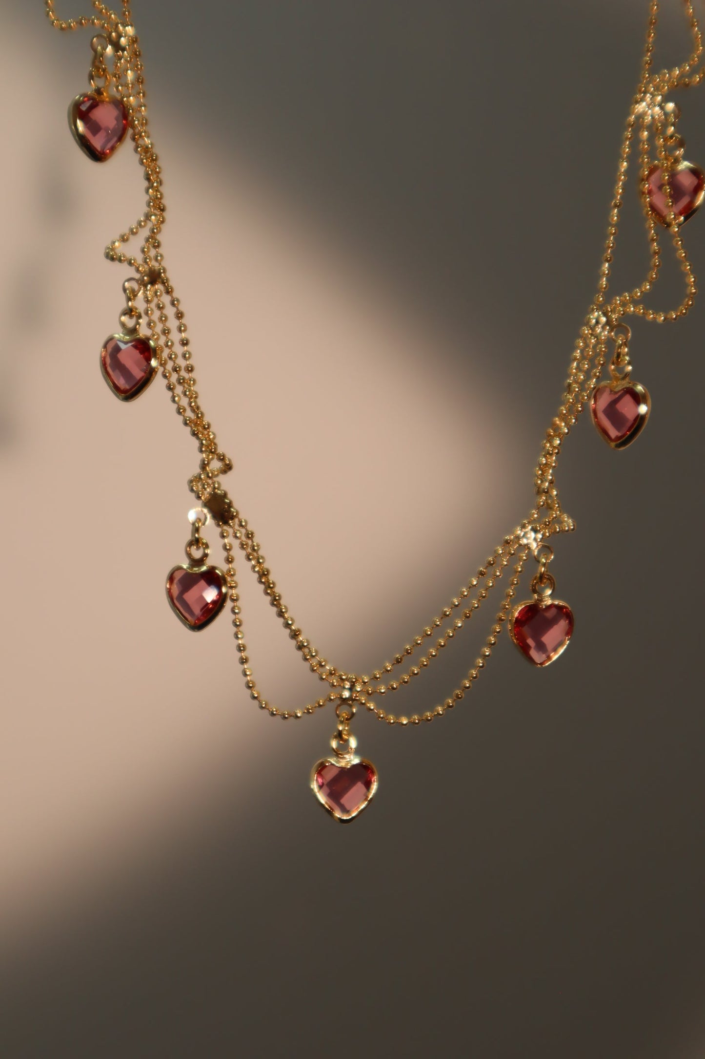 14K Real Gold Plated Double Layer Pink Heart Necklace