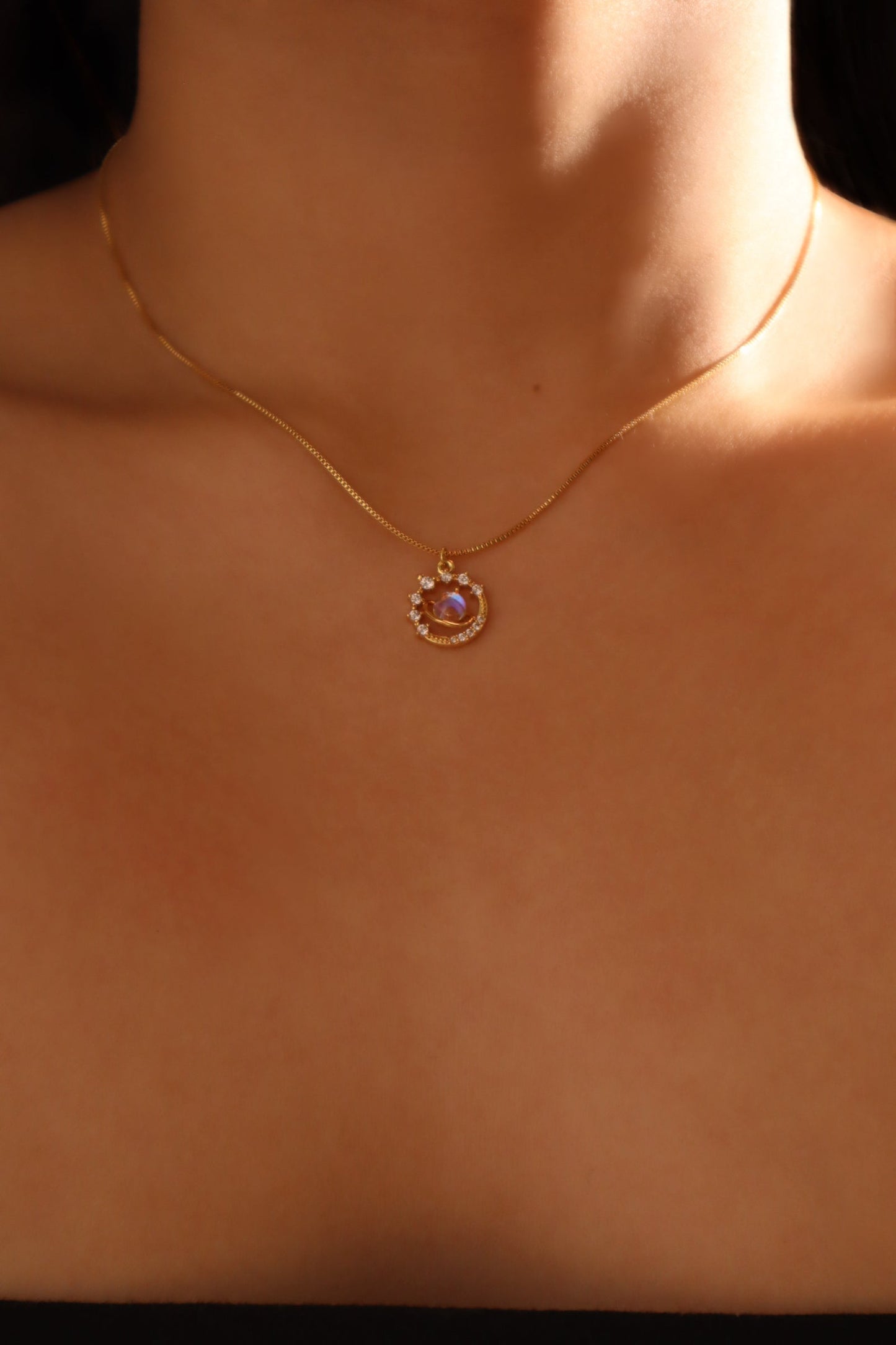 14K Real Gold Plated Moonstone Saturn Star Necklace