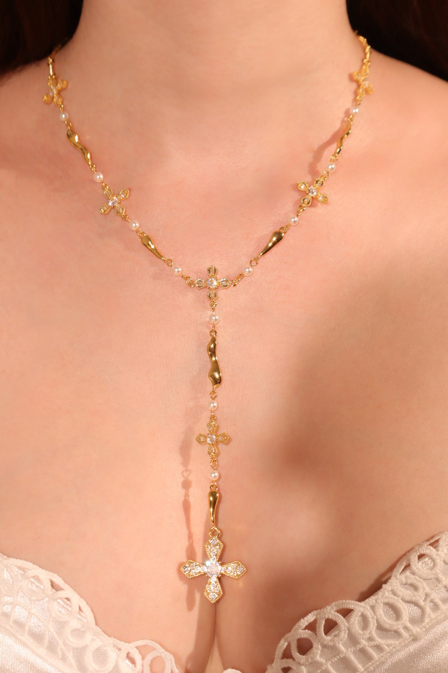 18K Real Gold Plated Eternal Cross Pearls Necklace