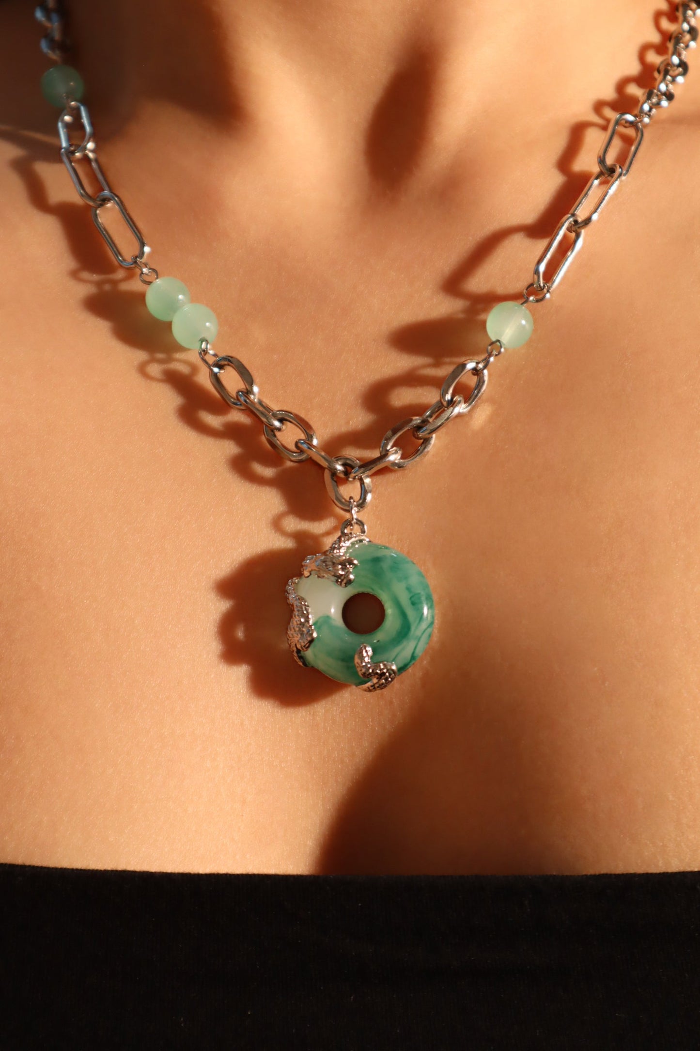 Platinum Plated Jade Dragon Necklace (EARRINGS INCLUDED)