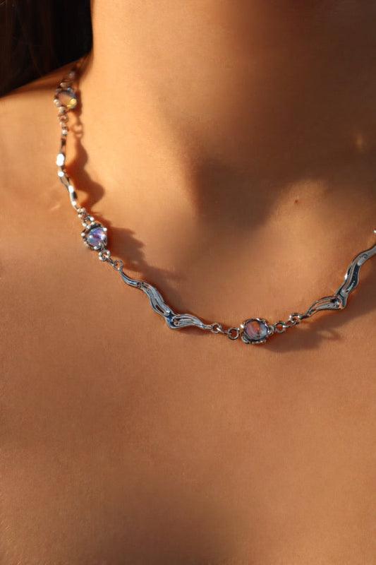 Platinum Plated Multi Moonstones Wave Necklace
