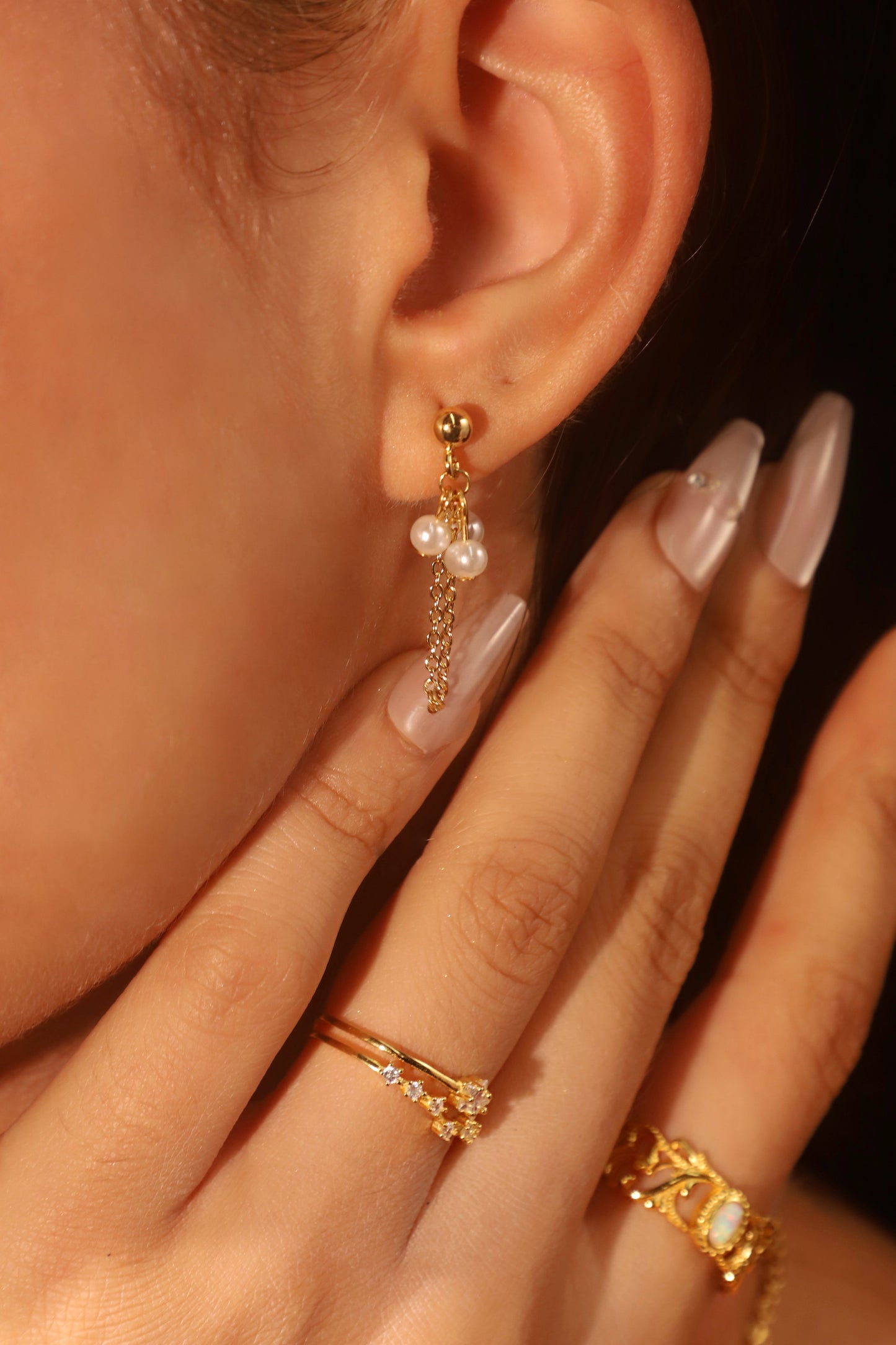 18K Real Gold Plated Pearl Chain Hoop Earrings