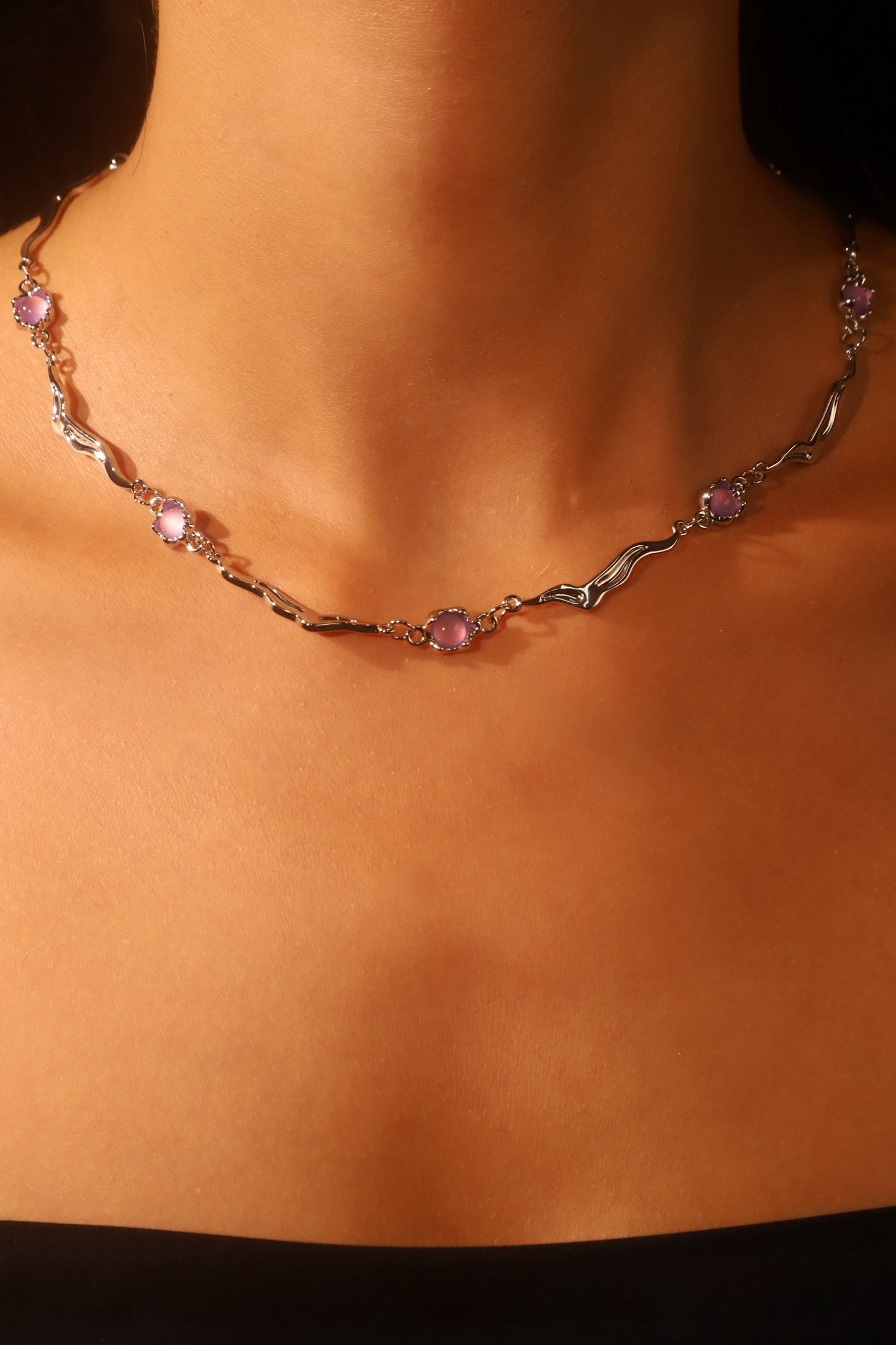Platinum Plated Purple Opal Wave Necklace