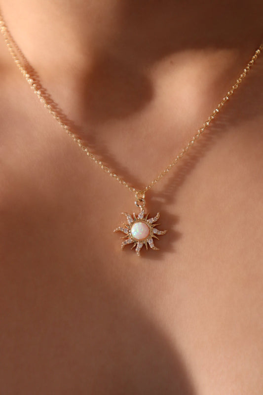 14K Real Gold Plated White Opal Sun Necklace