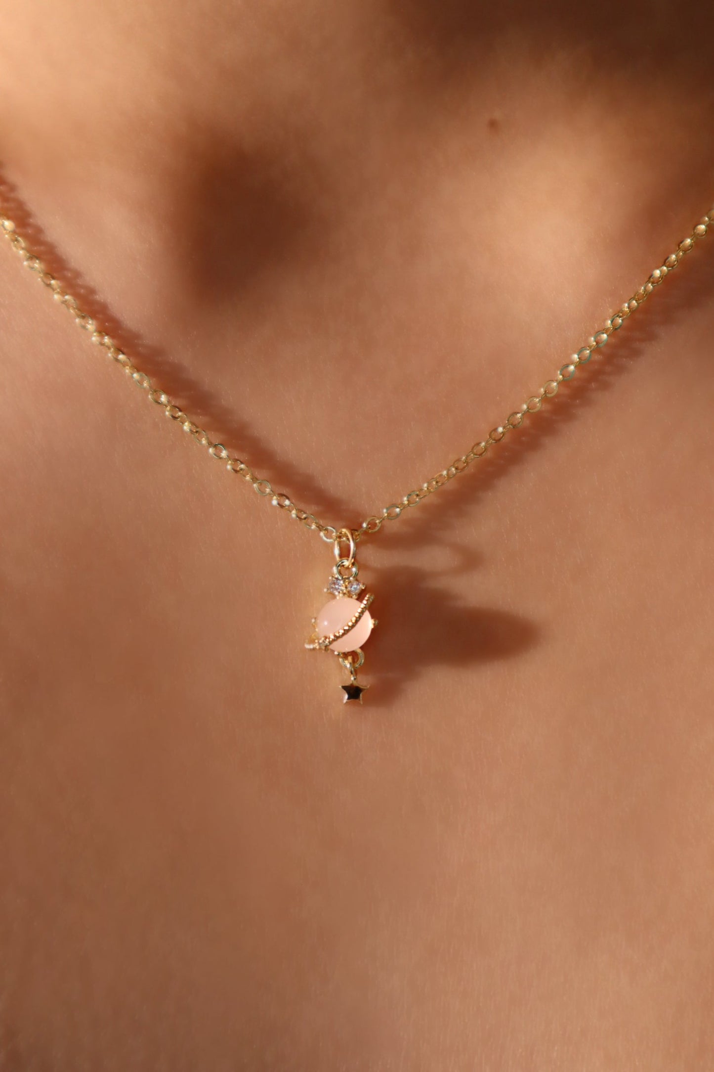 18K Real Gold Plated Pink Gem Saturn Star Necklace