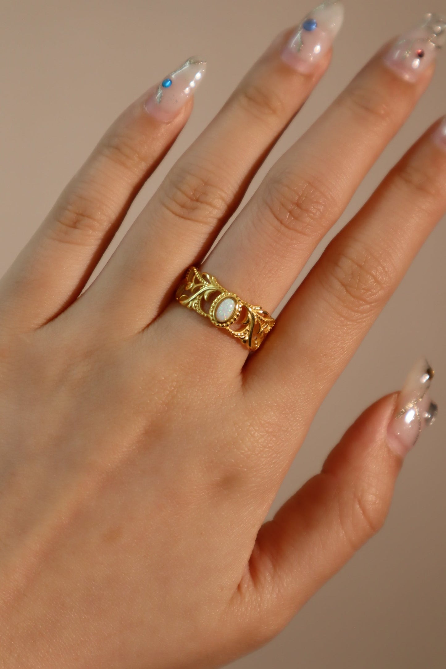 24K Gold Vermeil White Opal Crown Ring