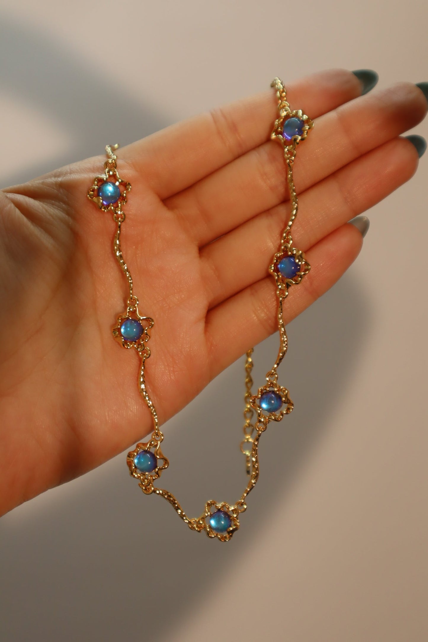 18K Real Gold Plated Multi Deep Blue Moonstones Necklace