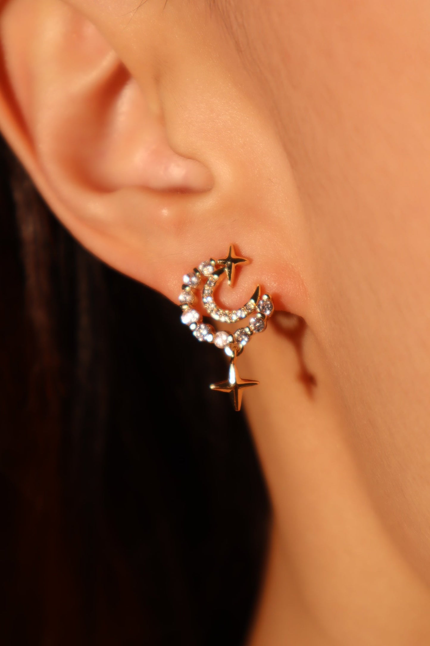 18K Real Gold Plated Diamonds Moon Star Earrings
