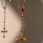 18K Real Gold Plated Red Gem Cross Lariat Necklace