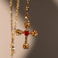 18K Real Gold Plated Red Gem Cross Lariat Necklace