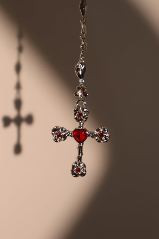 Platinum Plated Red Gem Cross Lariat Necklace