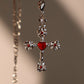 Platinum Plated Red Gem Cross Lariat Necklace