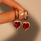 18K Real Gold Plated Red Gem Diamond Heart Earrings (Pre-order)