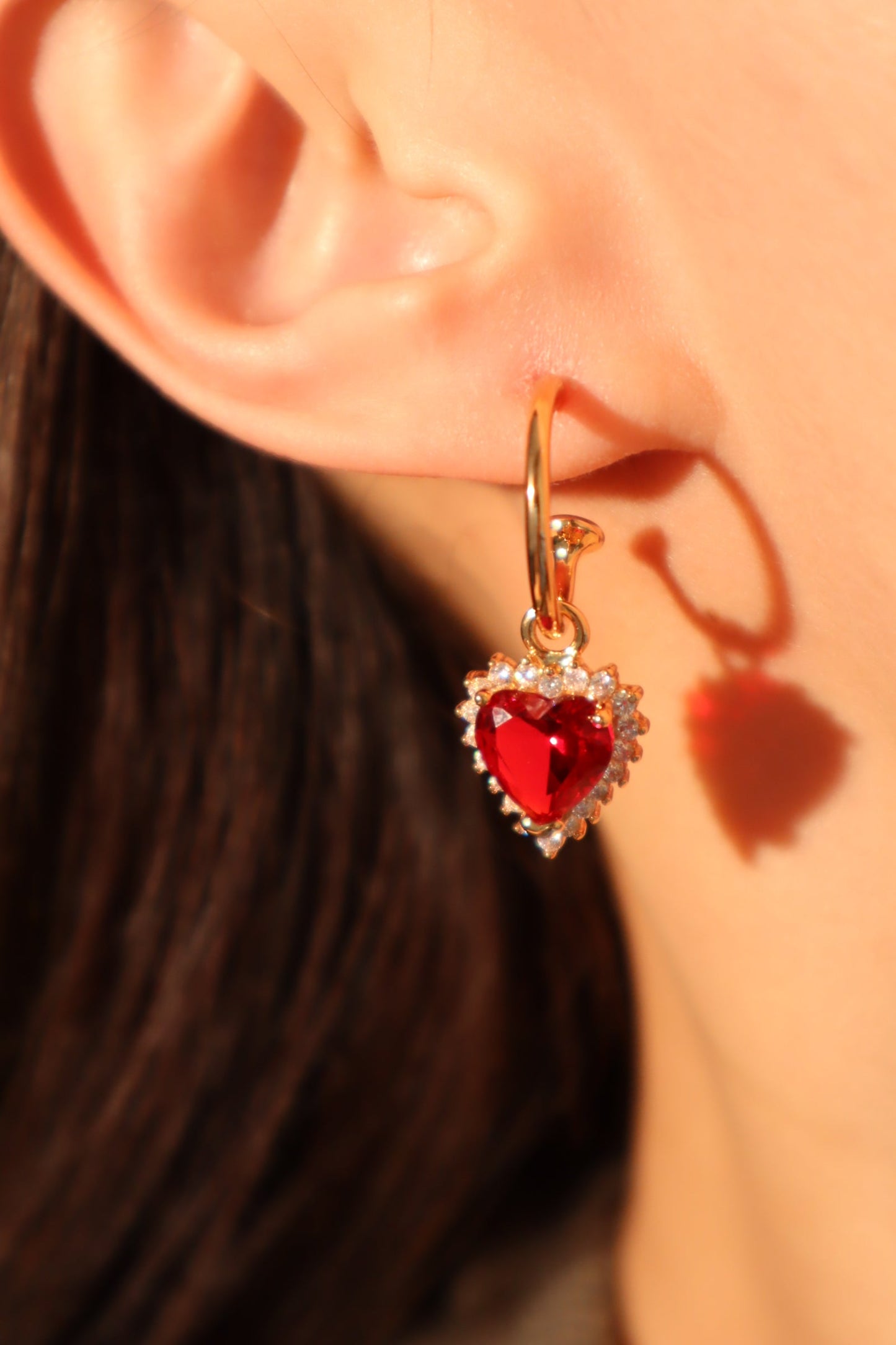 18K Real Gold Plated Red Gem Diamond Heart Earrings (Pre-order)