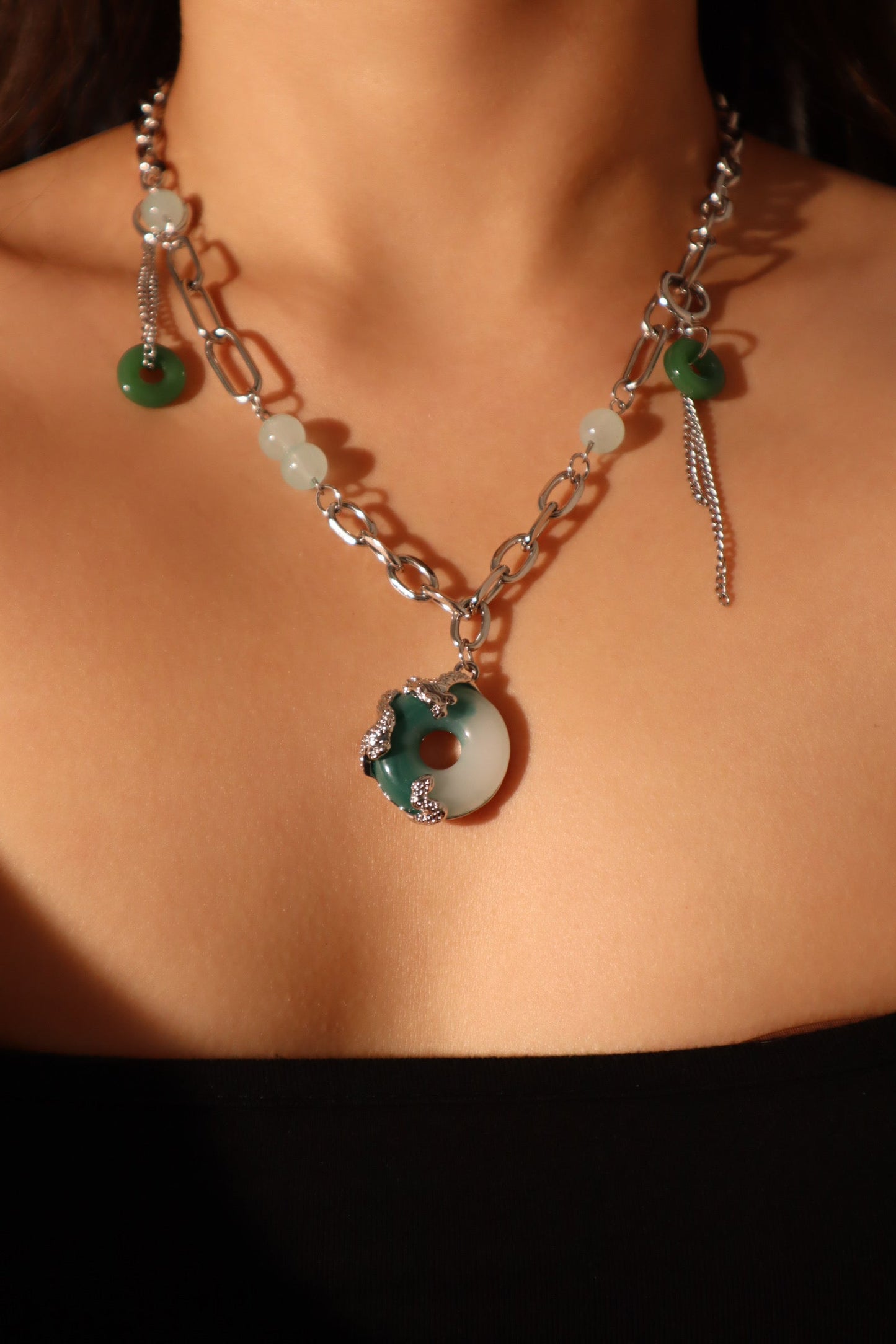 Platinum Plated Jade Dragon Necklace (EARRINGS INCLUDED)
