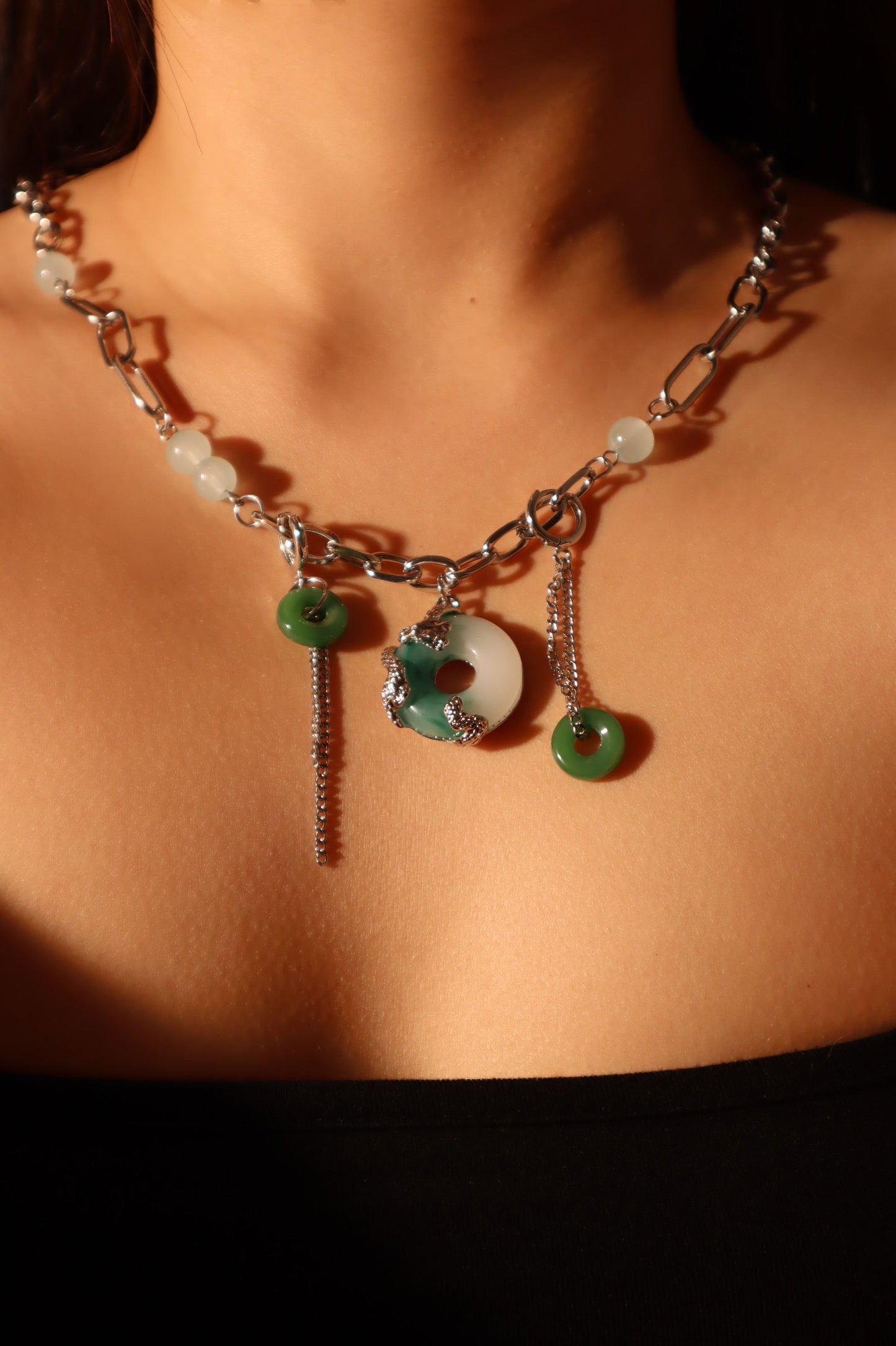 Platinum Plated Jade Dragon Necklace (EARRINGS INCLUDED)