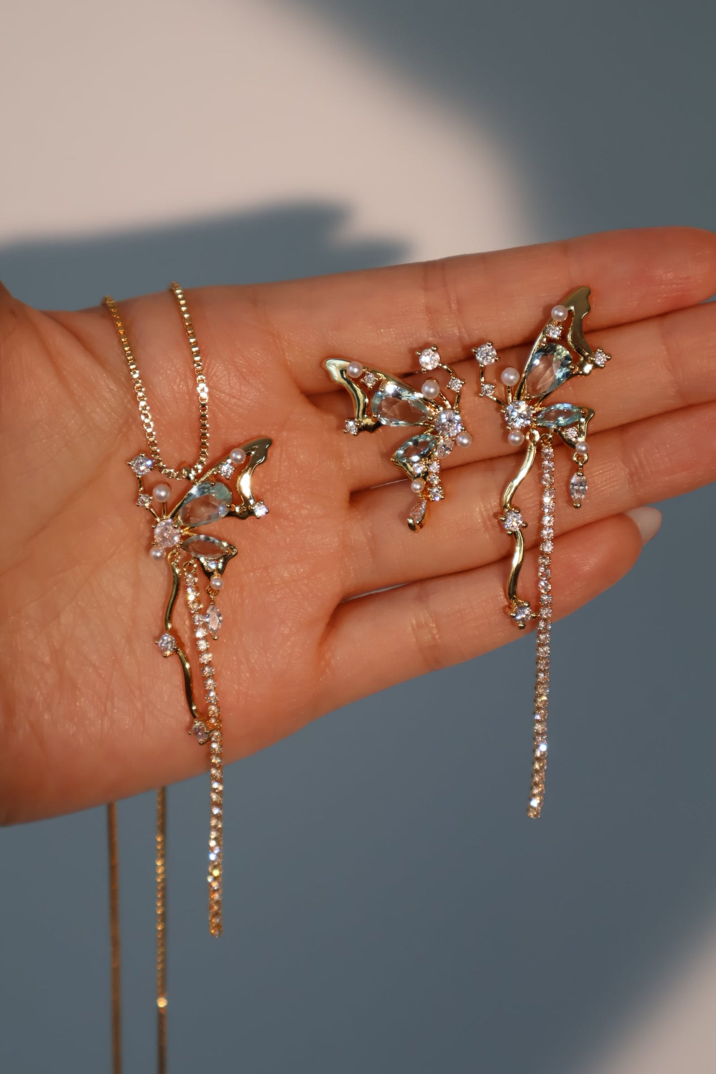 18K Real Gold Plated Blue Gem Butterfly Earrings