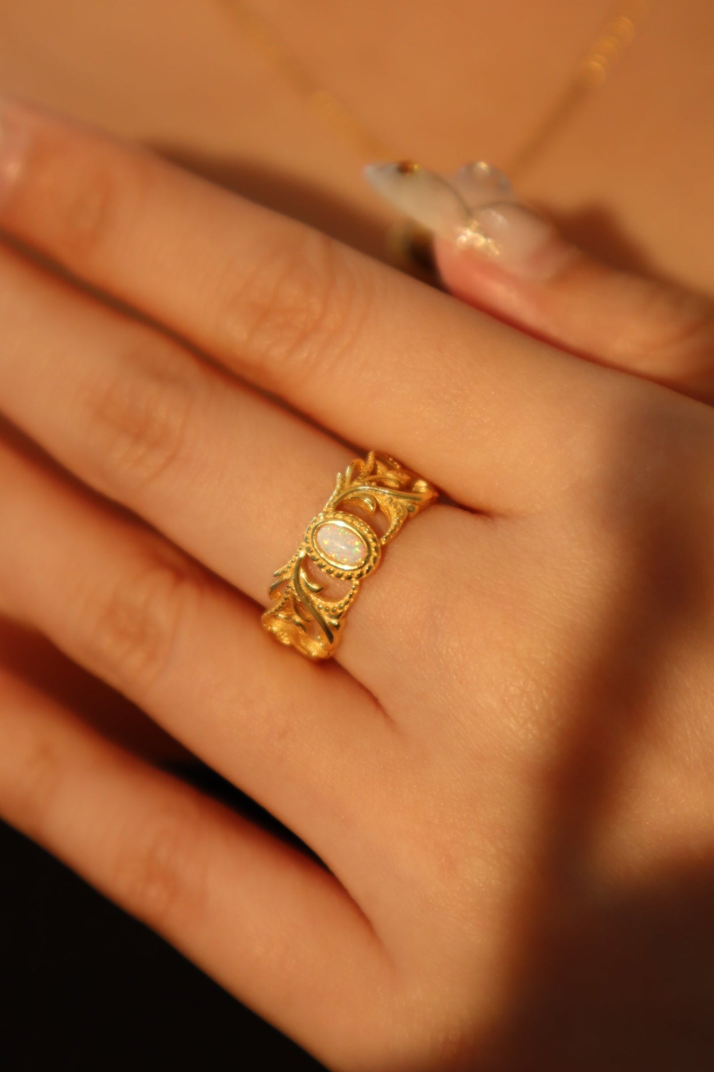 24K Gold Vermeil White Opal Crown Ring