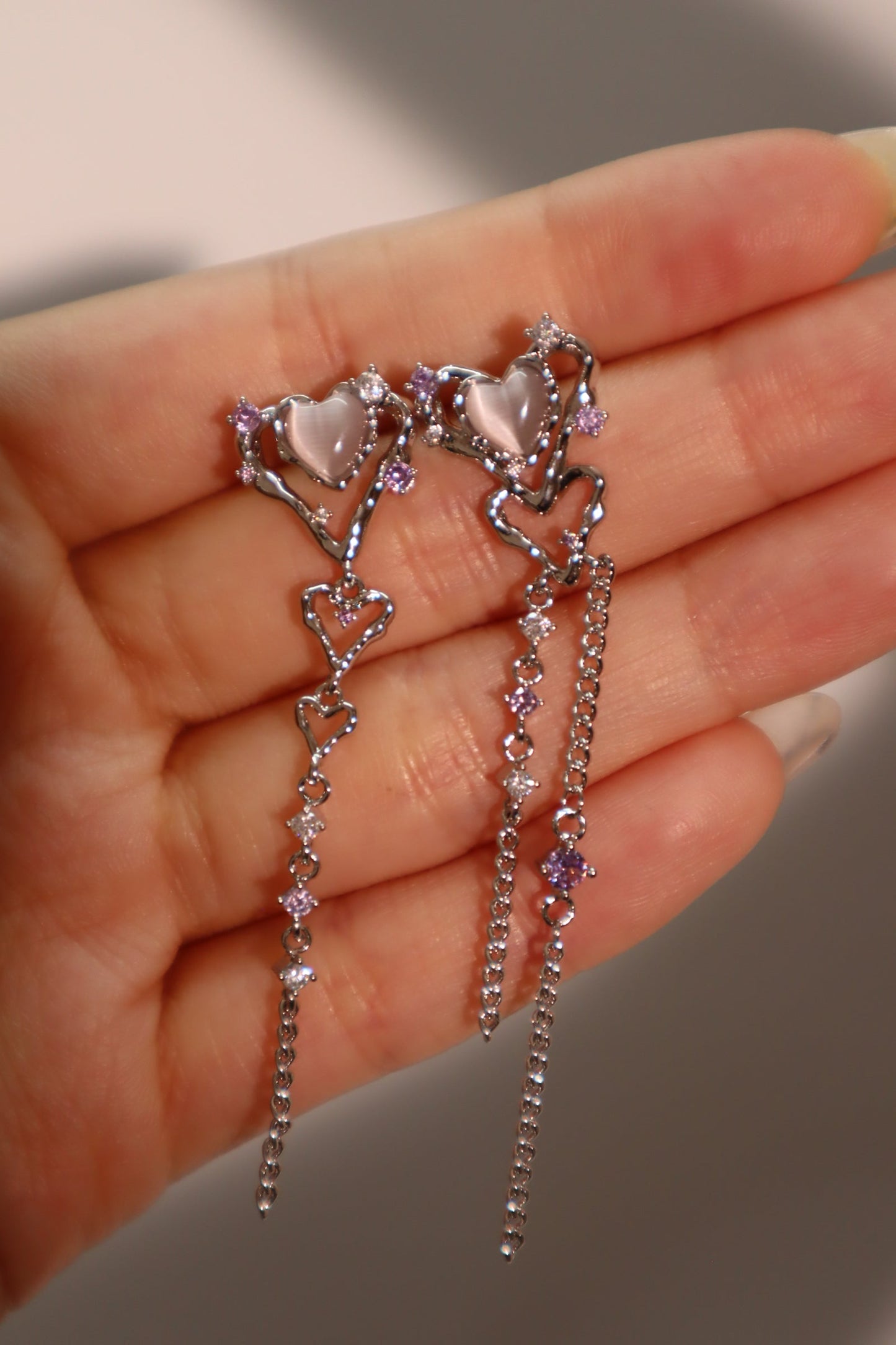Platinum Plated Pink Opal Heart Dangle Earrings