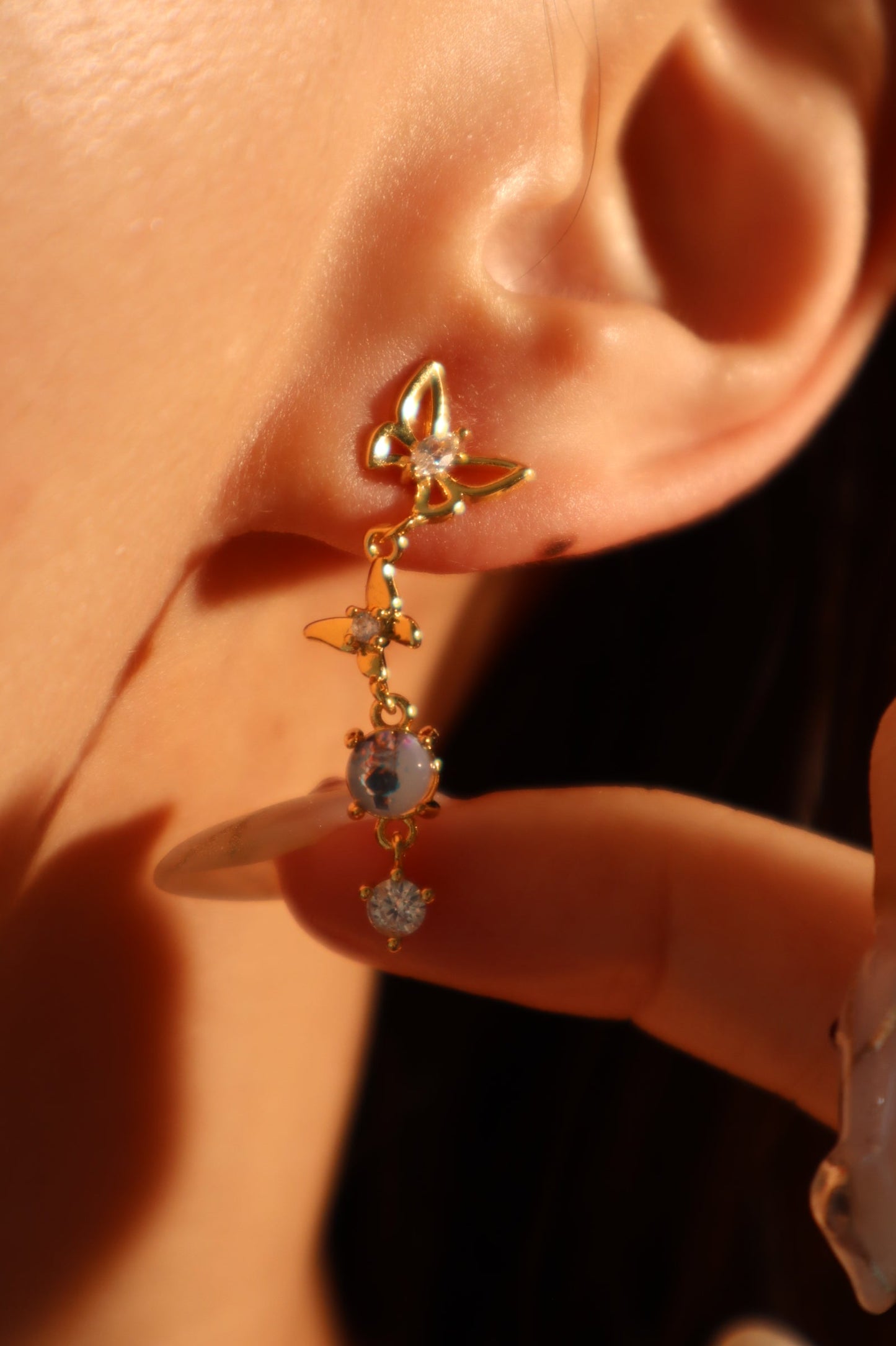 18K Real Gold Plated Butterfly Moonstone Dangle Earrings