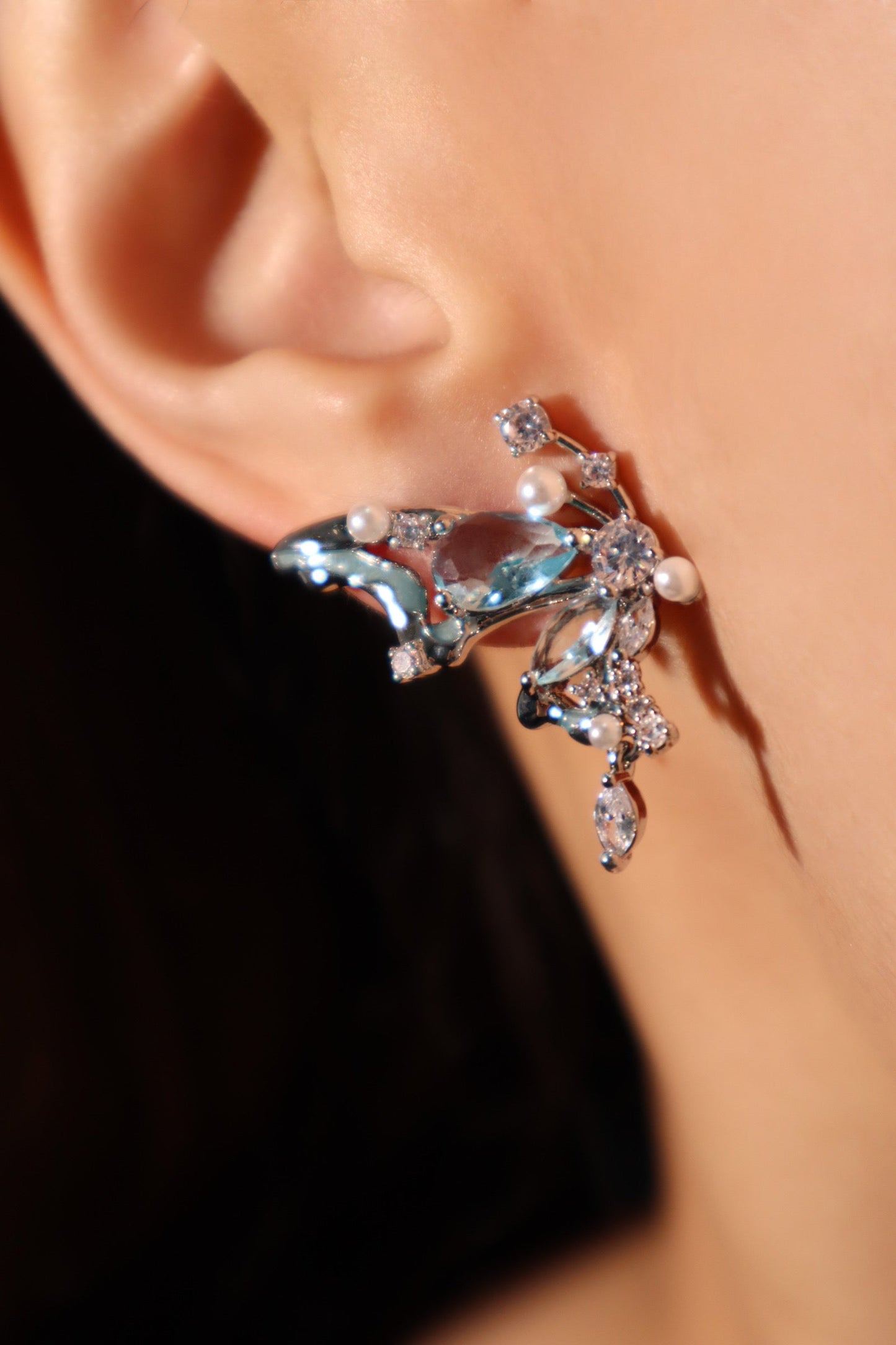 Platinum Plated Blue Gem Butterfly Earrings