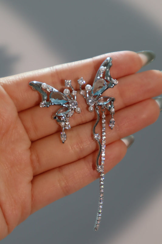 Platinum Plated Blue Gem Butterfly Earrings