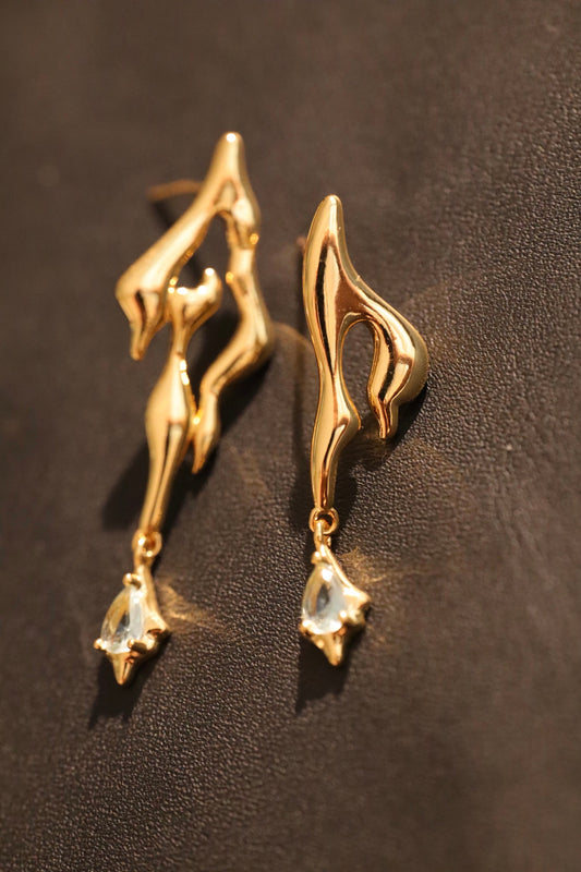 18K Real Gold Plated Blue Gem Flame Earrings