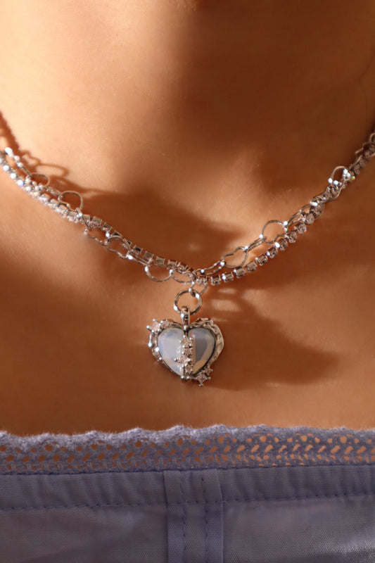 Platinum Plated Blue Opal Heart Necklace