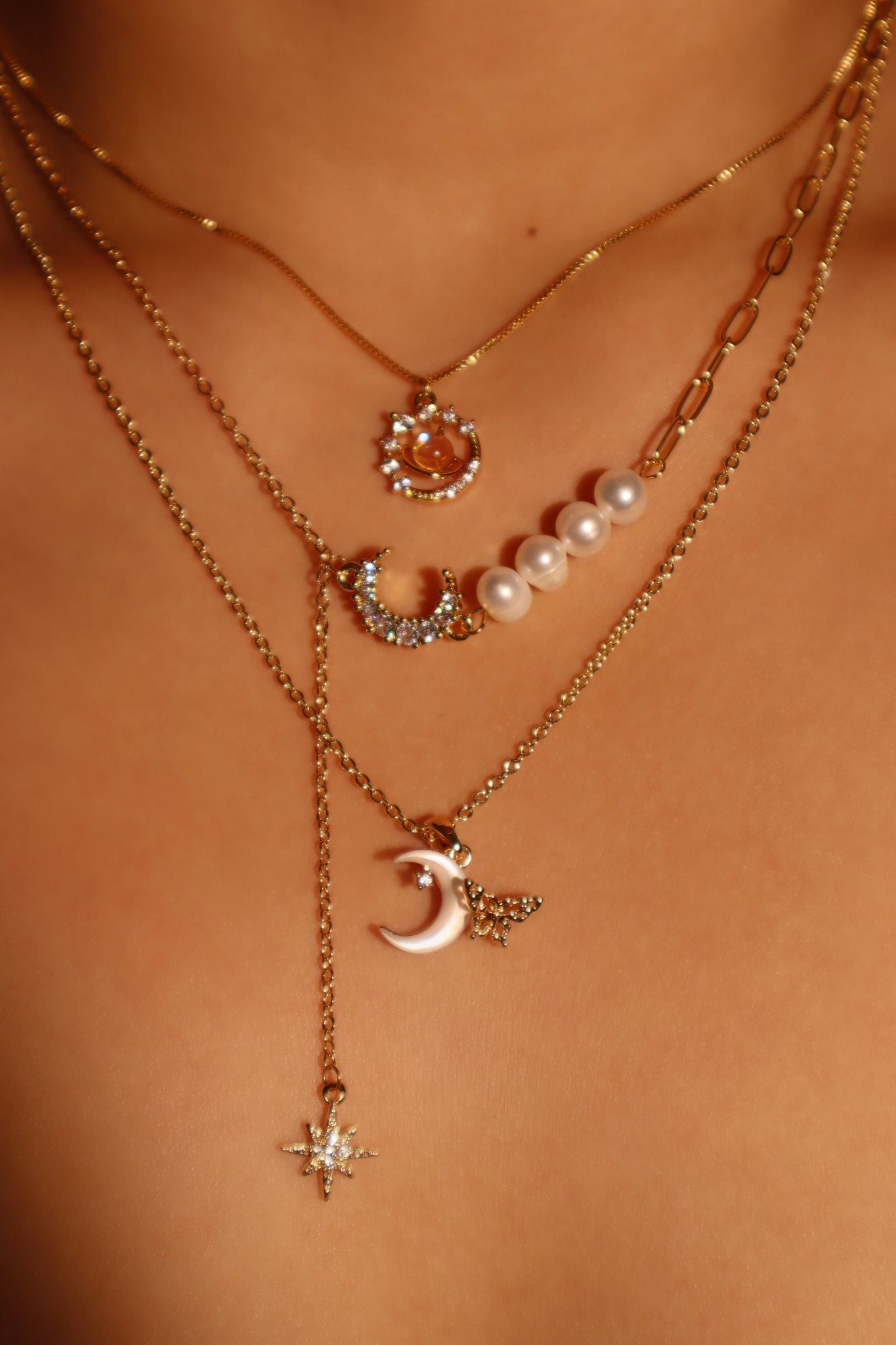 Starry Moonstone Necklace Trio Bundle